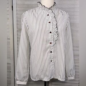 JOLENE Vintage Women's Button Down Ruffle Front White/Black Stripe-10